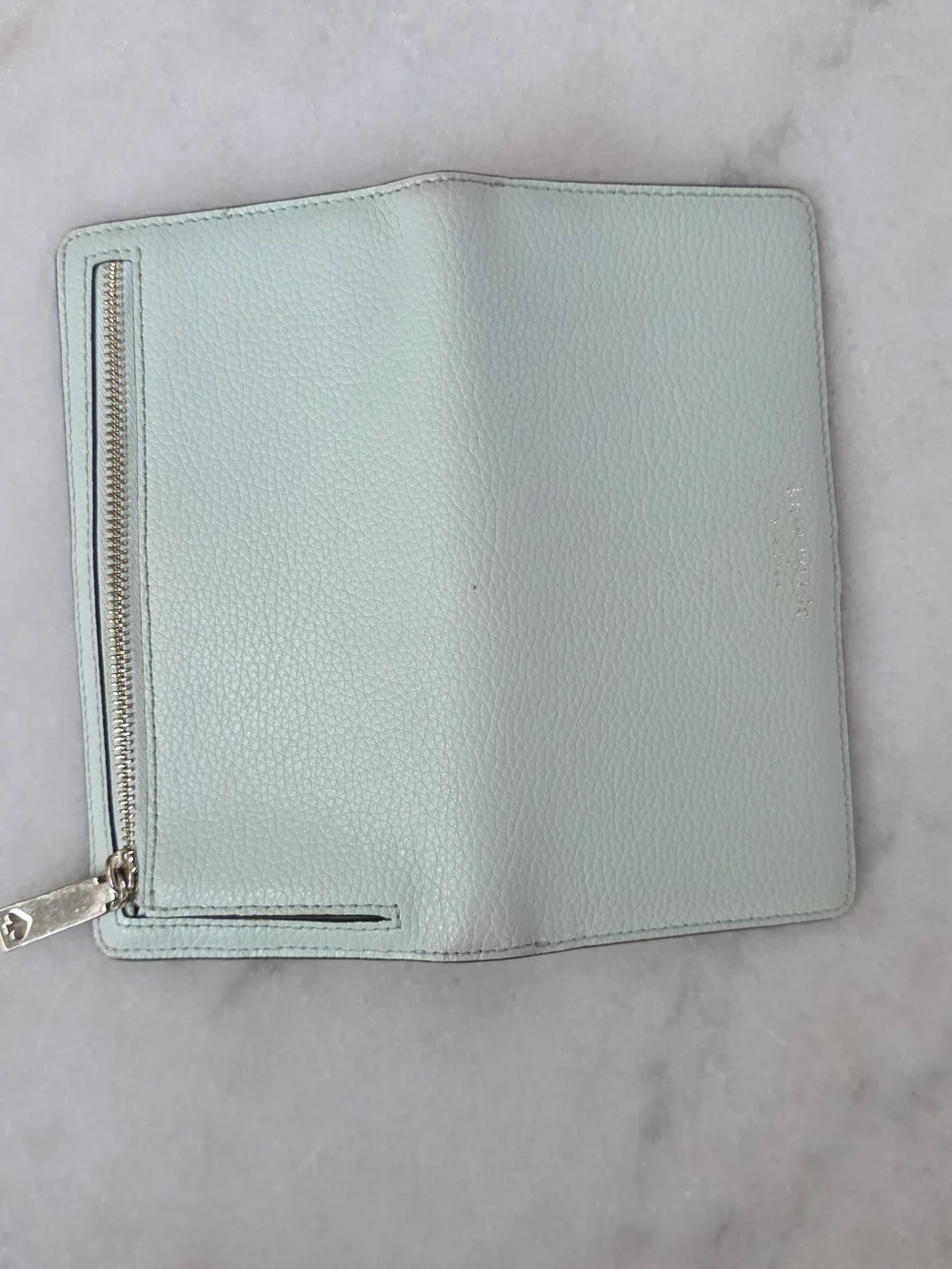 Kate Spade New York Staci Large Slim Bifold Wallet Mint Green Pebbled Leather